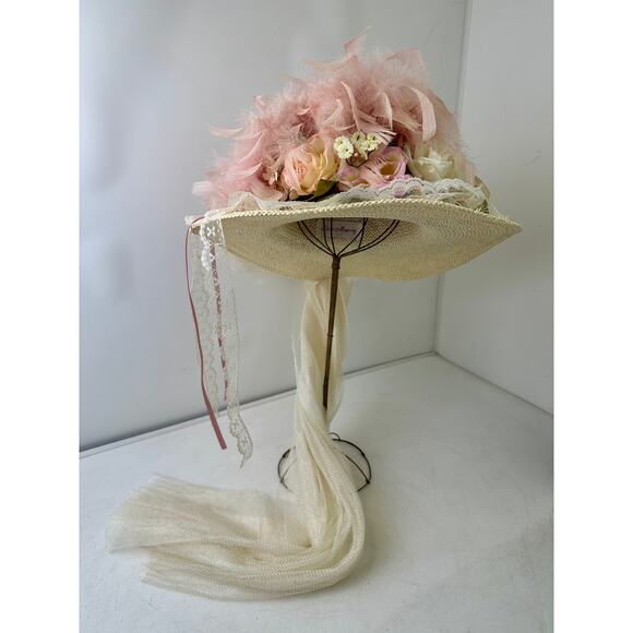 VTG Elsie Massey Originals Pink Floral Wide Brim Victorian Derby Hat main image 5